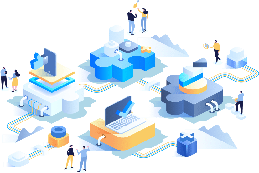 クラウドやSaaS、データベース、ファイルなど様々なシステムやサービスがパズルのようにつながり、複数の人物が連携・作業している様子を表現したイラスト